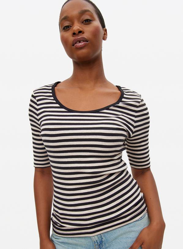 Black & Beige Striped Scoop Neck Ribbed Top 20
